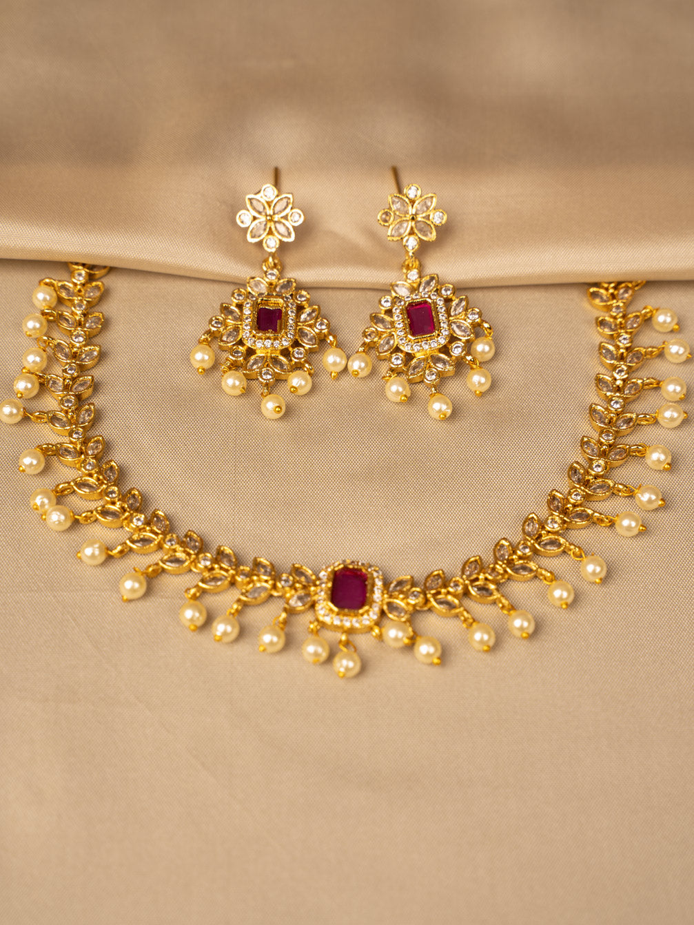 Ruby & White Beads Necklace Set – Timeless Elegance KC579