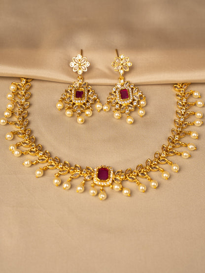 Ruby & White Beads Necklace Set – Timeless Elegance KC579