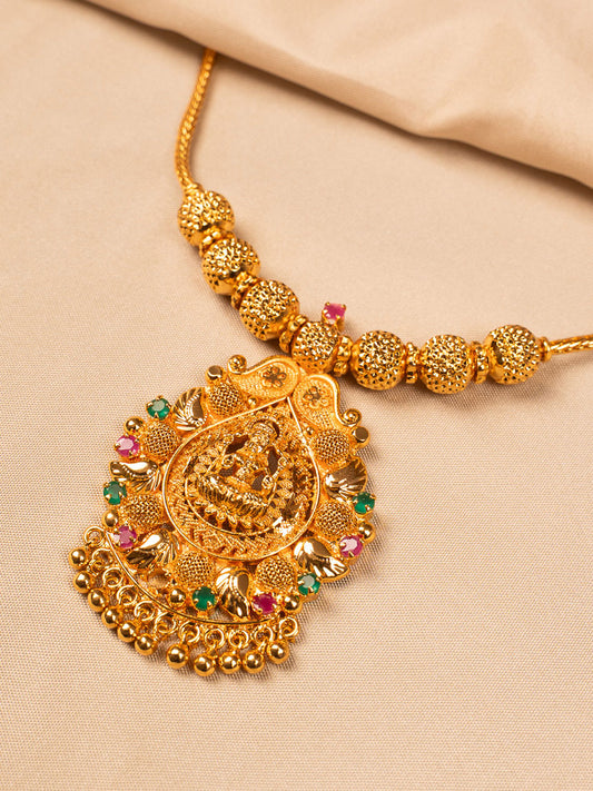 Lakshmi Motif Temple Necklace with Multicolour Stones
