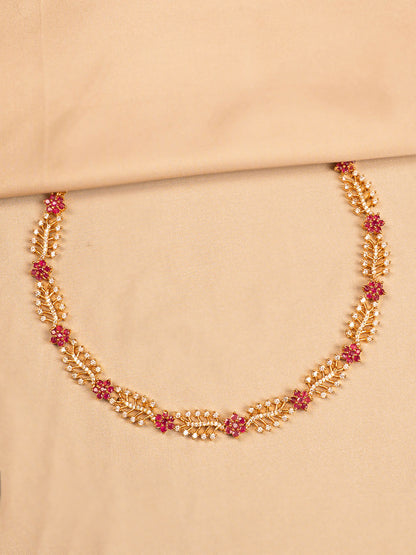 Leaf & Floral Choker Necklace with Red Stone Accents
