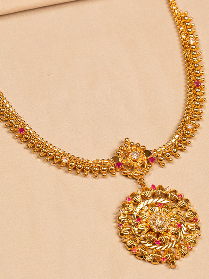 Regal Floral Antique Gold Temple Necklace with Ruby Accents