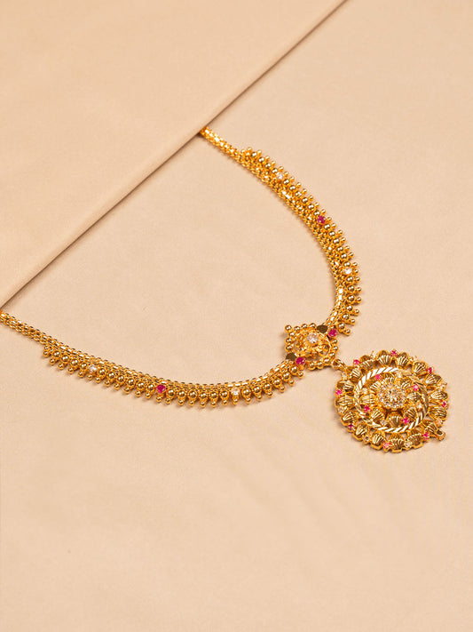 Regal Floral Antique Gold Temple Necklace with Ruby Accents