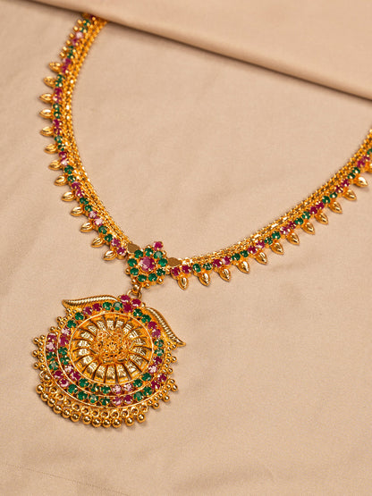 Traditional Mango Motif Necklace with Green & Red Stones