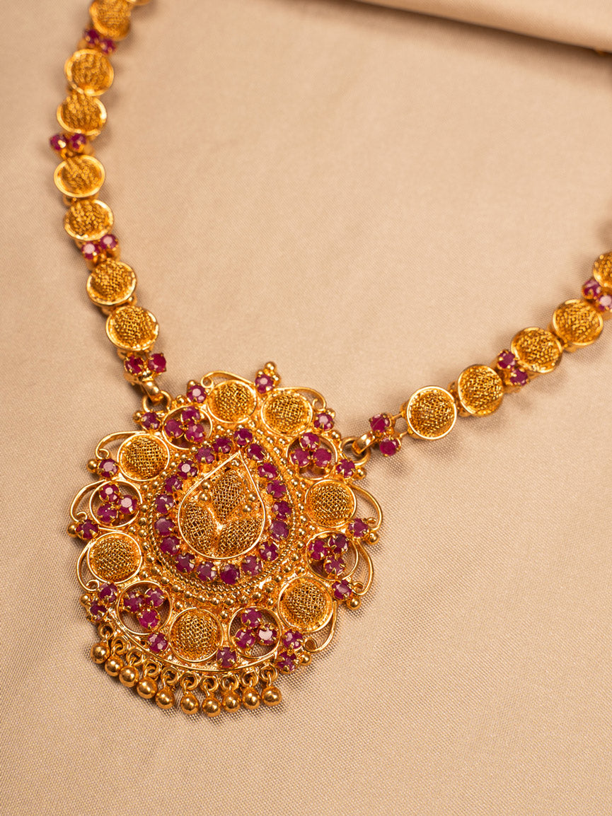Antique Gold-Plated Temple Necklace with Pink Stones