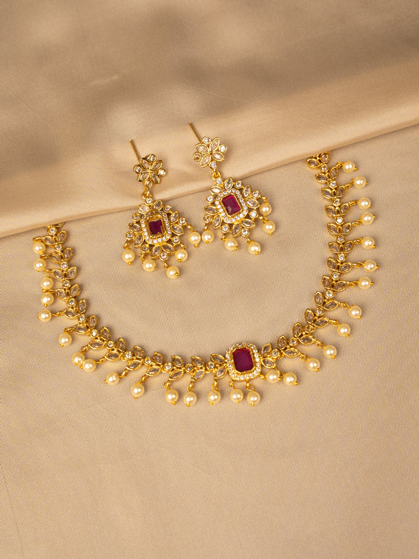 Ruby & White Beads Necklace Set – Timeless Elegance KC579