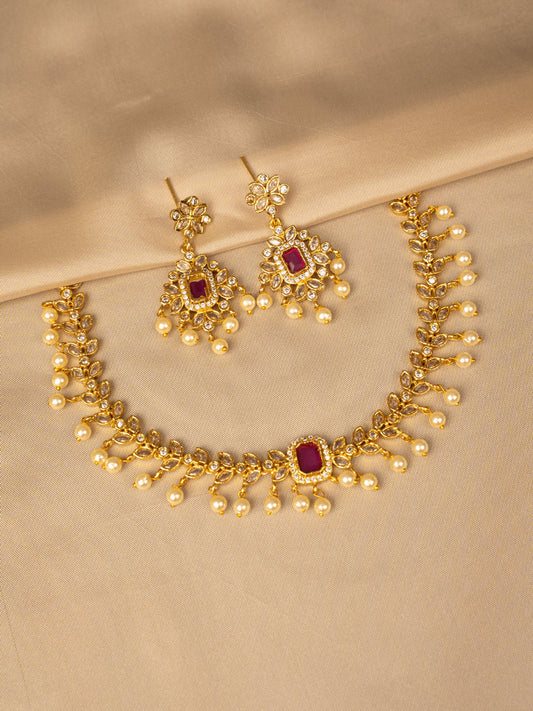 Ruby & White Beads Necklace Set – Timeless Elegance KC579