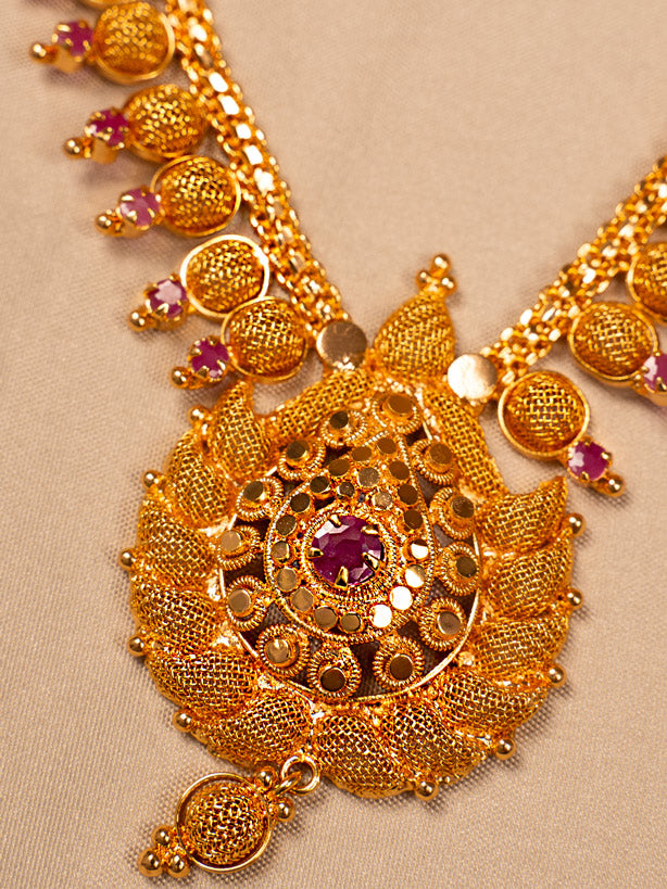 Temple-Style Red Stone Gold Necklace with Coin Motif for Women