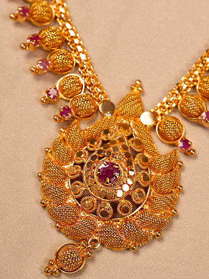 Temple-Style Red Stone Gold Necklace with Coin Motif for Women