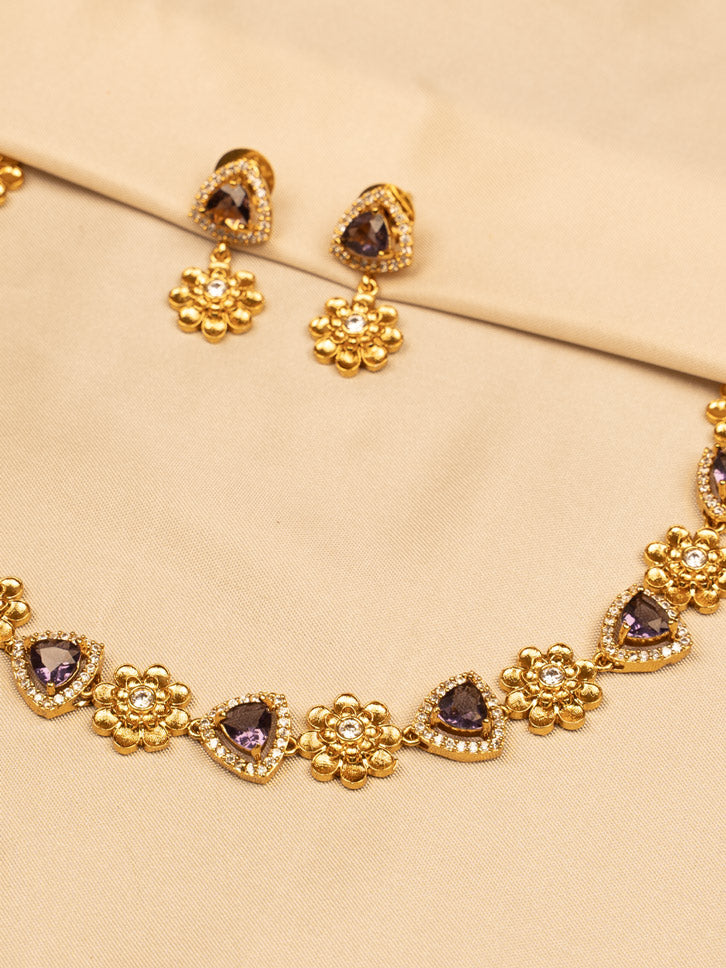 Purple Flower Design Necklace Set – Elegant & Charming KC595