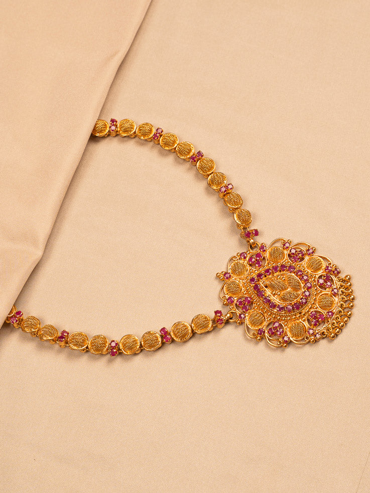 Antique Gold-Plated Temple Necklace with Pink Stones