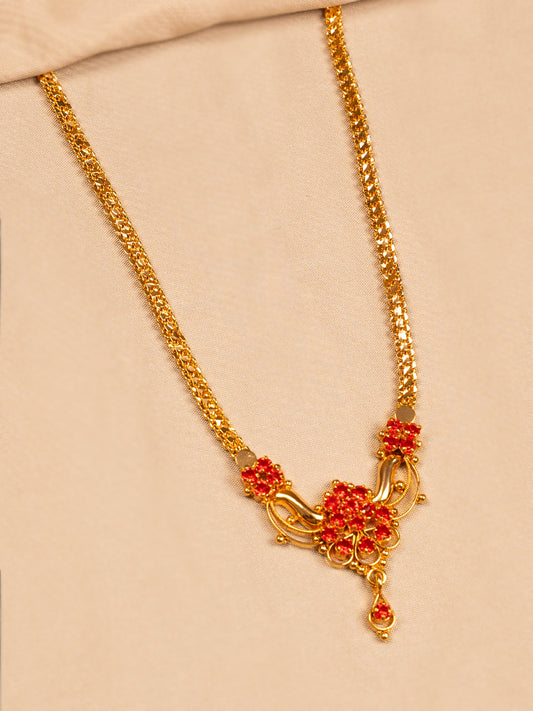 Red Stone Floral Pendant Necklace – Gold Plated Chain for Women
