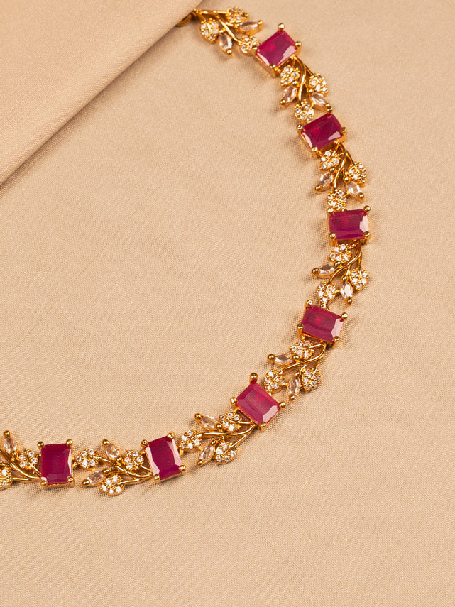 Ruby Red Stone Floral Necklace – Gold-Toned Elegance for Women