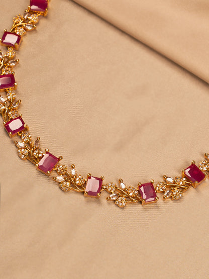 Ruby Red Stone Floral Necklace – Gold-Toned Elegance for Women