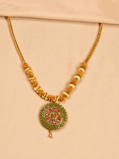 Gold Necklace with Green & Pink Stone Circular Pendant