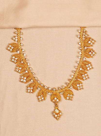 Floral Leaf Design Gold-Toned Necklace with Sparkling Stone Embellishments