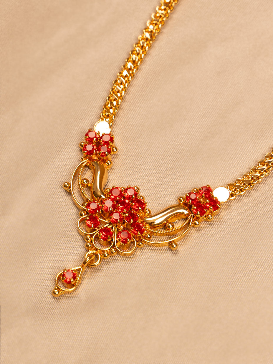 Red Stone Floral Pendant Necklace – Gold Plated Chain for Women