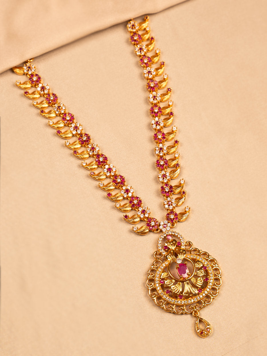 Floral Red Stone Temple Necklace – Antique Gold Plated