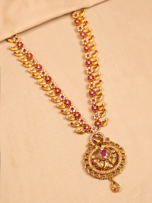 Floral Red Stone Temple Necklace – Antique Gold Plated