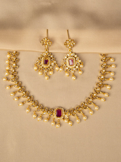 Ruby & White Beads Necklace Set – Timeless Elegance KC579