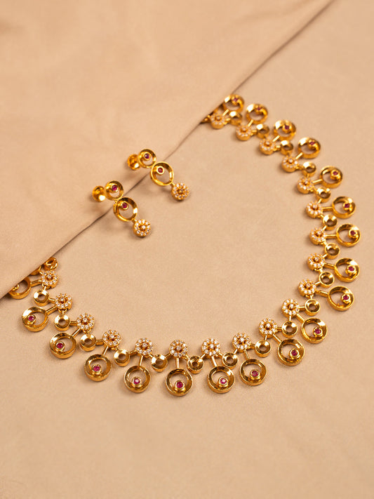 Radiant Gold-Plated Circular Drop Necklace Set with Earrings