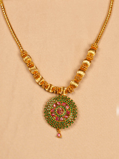 Gold Necklace with Green & Pink Stone Circular Pendant