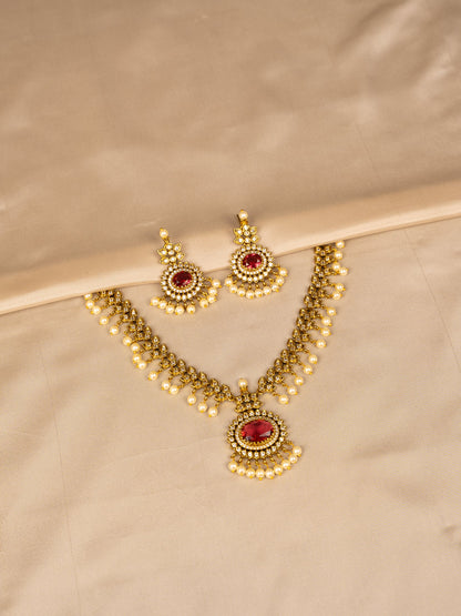 Ruby and White Bead Necklace Set – Elegant & Timeless KC590