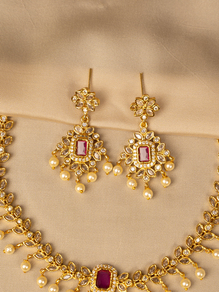 Ruby & White Beads Necklace Set – Timeless Elegance KC579