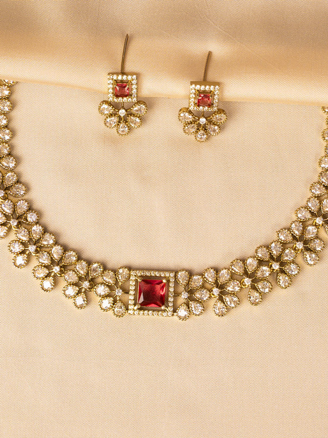 Ruby and White Stone Statement Necklace – Bold & Elegant KC584