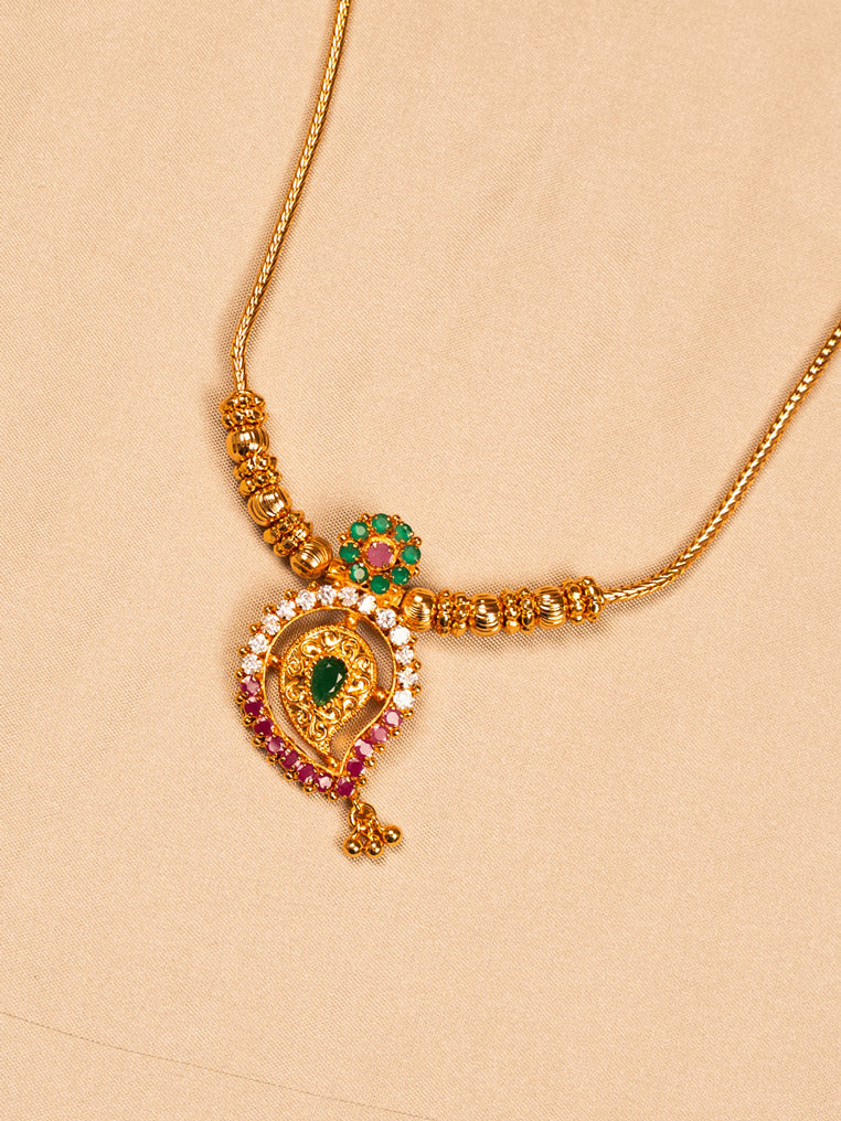 Traditional Gold Temple Necklace with Green & Red Stones – Ethnic Wear Jewellery