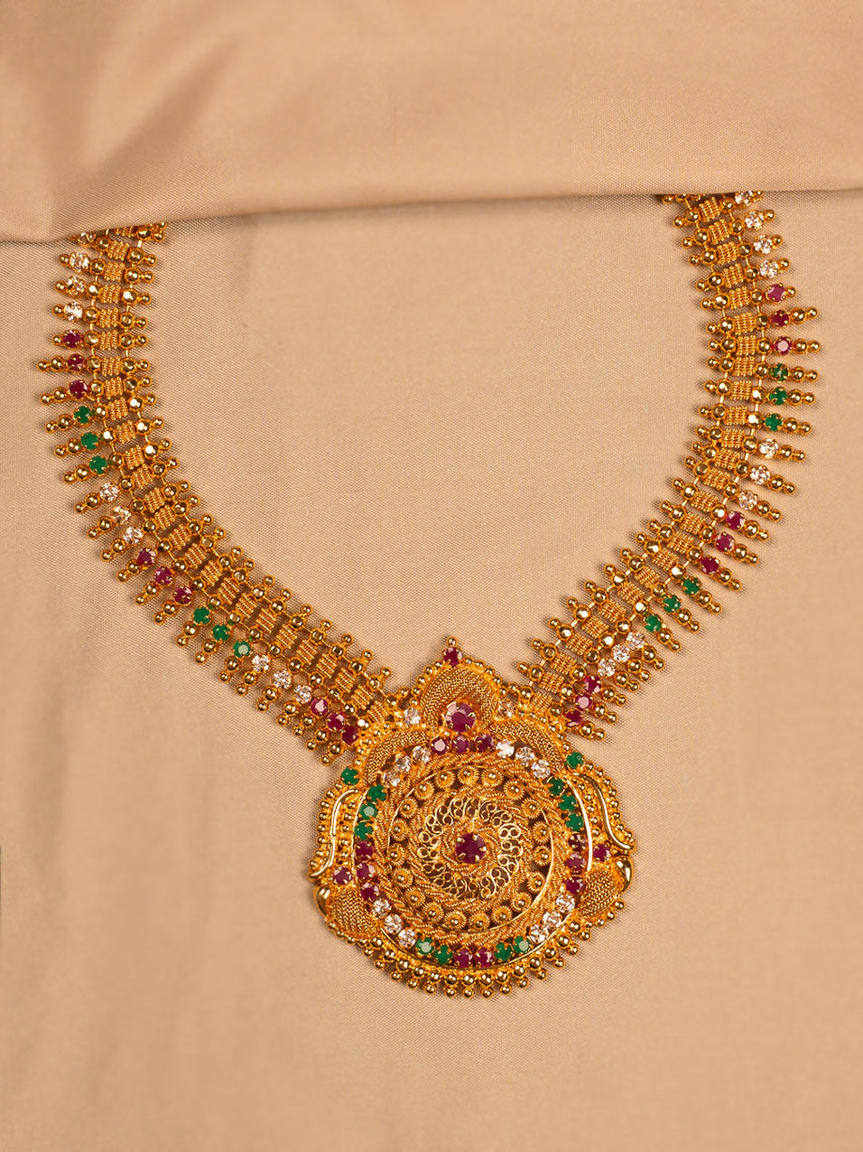 Traditional Gold-Plated Temple Necklace with Multicolor Stone Embellishments