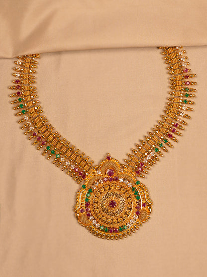 Traditional Gold-Plated Temple Necklace with Multicolor Stone Embellishments