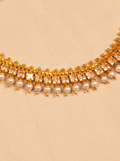 Pearl Drop Gold Choker Necklace with Crystal Accents – Traditional Indian Jewellery