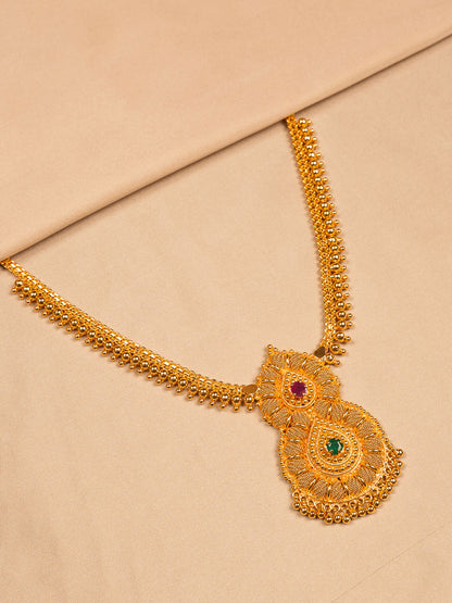 Traditional Gold Plated Pendant Necklace with Ruby & Emerald Touch