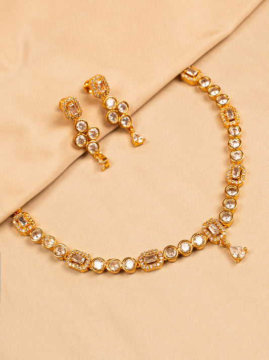 Elegant Gold-Toned Necklace Set with Clear White Stones and Earrings