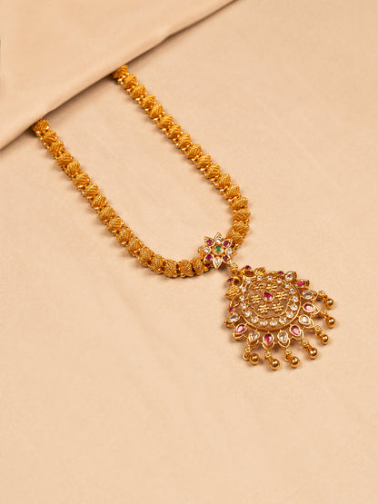 Antique Gold Temple-Style Necklace with Kundan Pendant and Beaded Chain