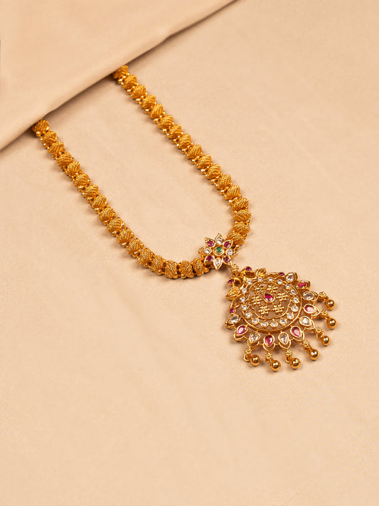 Antique Gold Temple-Style Necklace with Kundan Pendant and Beaded Chain