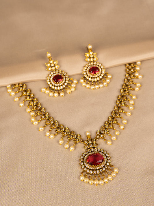 Ruby and White Bead Necklace Set – Elegant & Timeless KC590