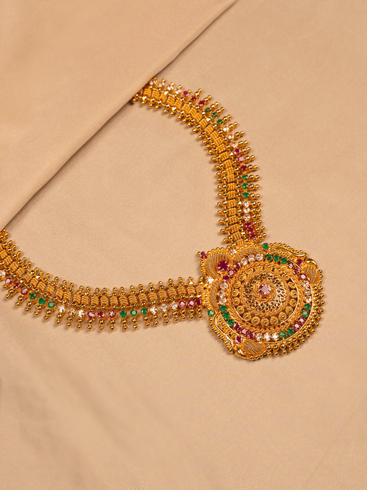 Traditional Gold-Plated Temple Necklace with Multicolor Stone Embellishments