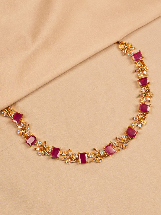 Ruby Red Stone Floral Necklace – Gold-Toned Elegance for Women
