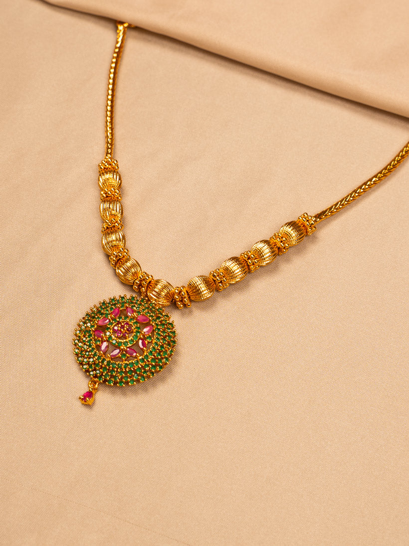 Gold Necklace with Green & Pink Stone Circular Pendant