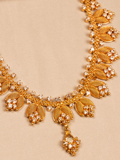 Floral Leaf Design Gold-Toned Necklace with Sparkling Stone Embellishments