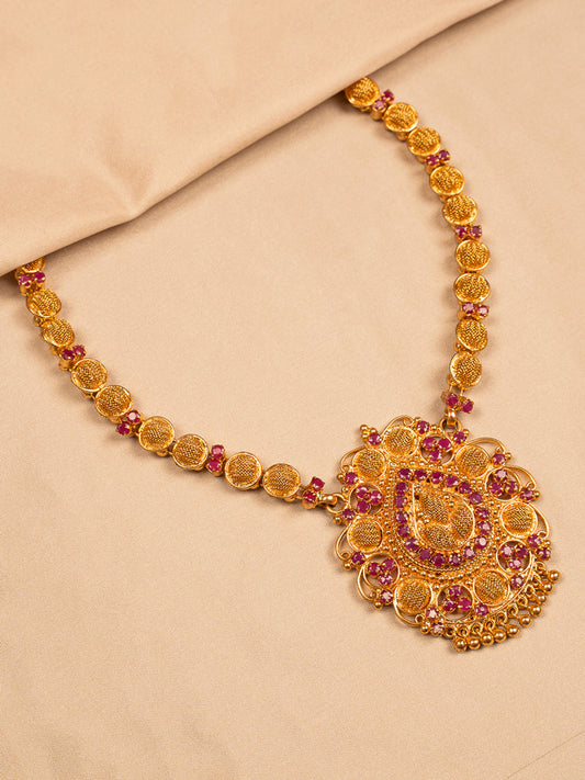Antique Gold-Plated Temple Necklace with Pink Stones