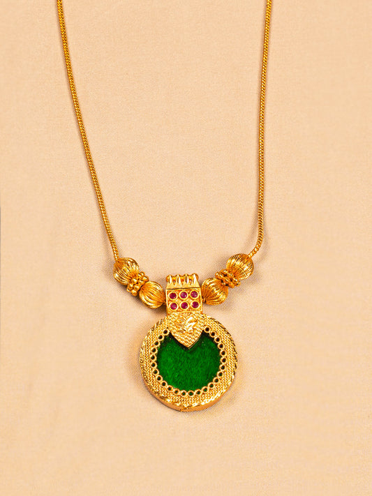 Traditional Gold Palakka Necklace with Green Enamel Pendant