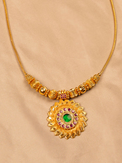 Traditional Palakka Gold Necklace with Green & Ruby Stones