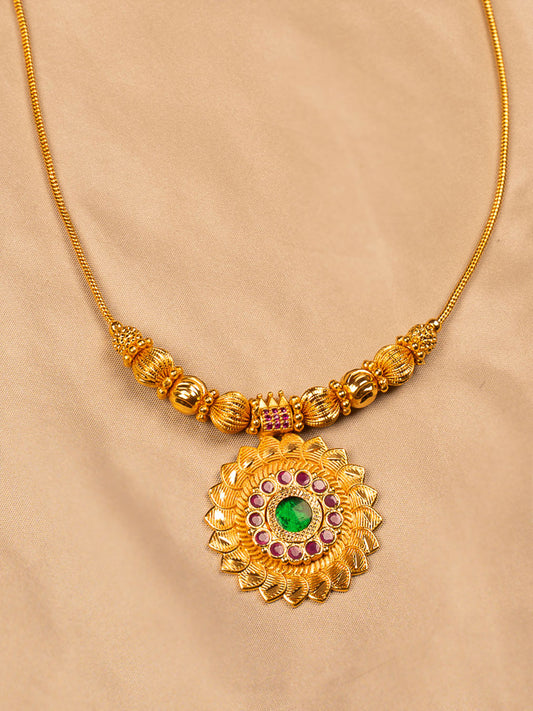 Traditional Palakka Gold Necklace with Green & Ruby Stones