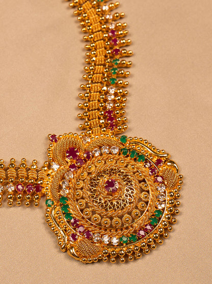 Traditional Gold-Plated Temple Necklace with Multicolor Stone Embellishments