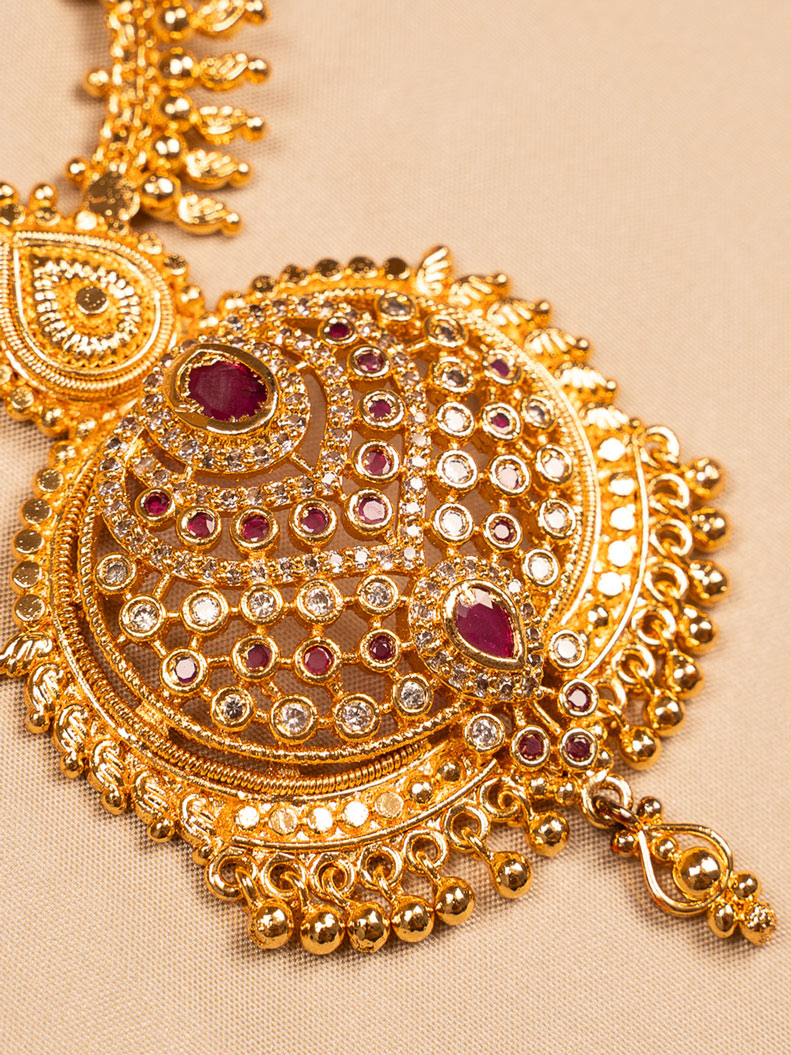 Majestic Antique Gold Bridal Necklace with Kundan & Ruby Drops