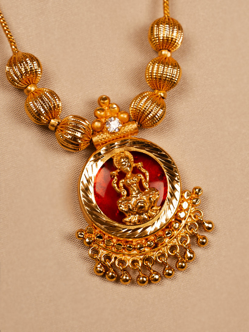 Traditional Lakshmi Pendant Necklace with Red Enamel and Gold Finish