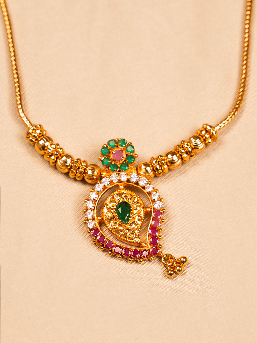 Traditional Gold Temple Necklace with Green & Red Stones – Ethnic Wear Jewellery