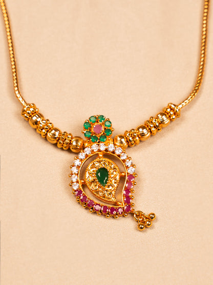 Traditional Gold Temple Necklace with Green & Red Stones – Ethnic Wear Jewellery
